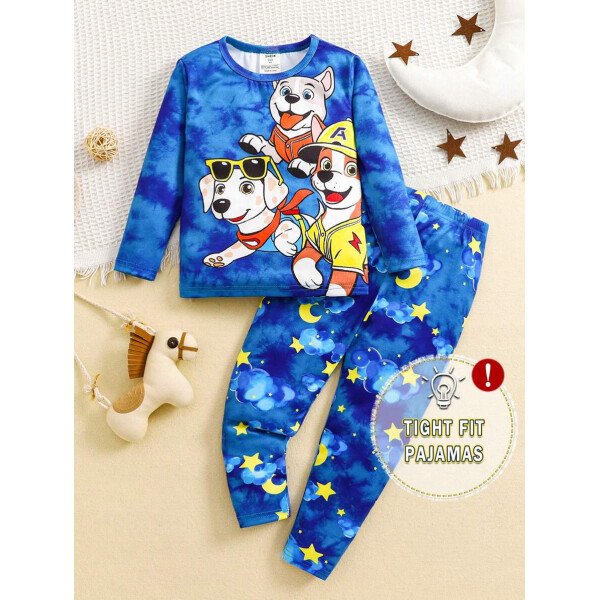 SHEIN 2 piezas Conjunto de pijama cómodo con parte superior de manga larga y pantalones, diseño de dinosaurio que brilla en la oscuridad, ajuste ceñido para niño pequeño - Image 2