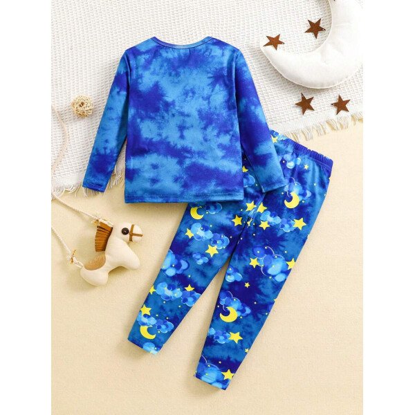 SHEIN 2 piezas Conjunto de pijama cómodo con parte superior de manga larga y pantalones, diseño de dinosaurio que brilla en la oscuridad, ajuste ceñido para niño pequeño - Image 3