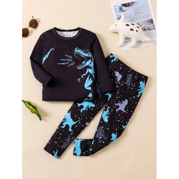 SHEIN 2 piezas Conjunto de pijama cómodo con parte superior de manga larga y pantalones, diseño de dinosaurio que brilla en la oscuridad, ajuste ceñido para niño pequeño - Image 9