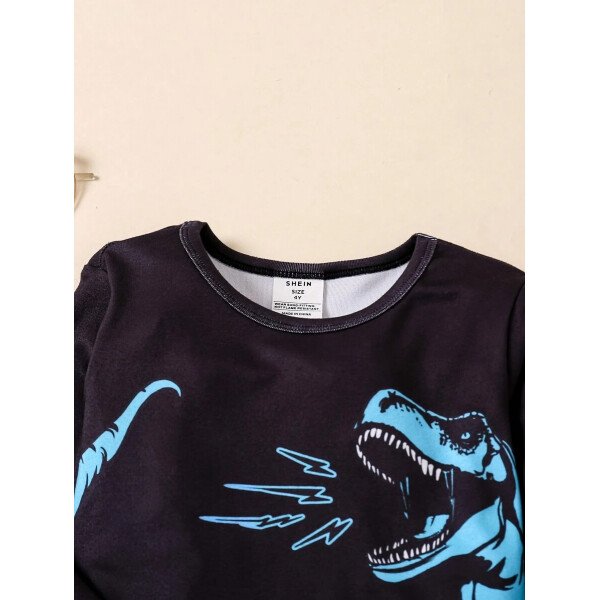 SHEIN 2 piezas Conjunto de pijama cómodo con parte superior de manga larga y pantalones, diseño de dinosaurio que brilla en la oscuridad, ajuste ceñido para niño pequeño - Image 11