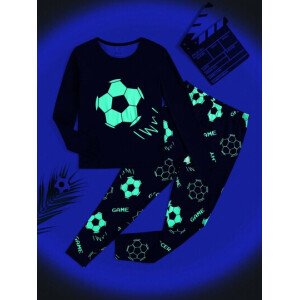 SHEIN 2 piezas Conjunto de pijama de cuello redondo con estampado de fútbol fluorescente de ajuste ceñido para niño preadolescente - Parte superior de manga larga y pantalones