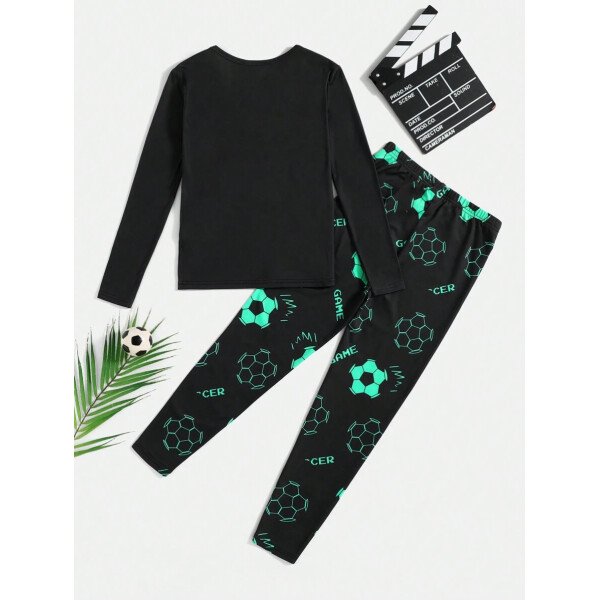 SHEIN 2 piezas Conjunto de pijama de cuello redondo con estampado de fútbol fluorescente de ajuste ceñido para niño preadolescente - Parte superior de manga larga y pantalones - Imagen 3