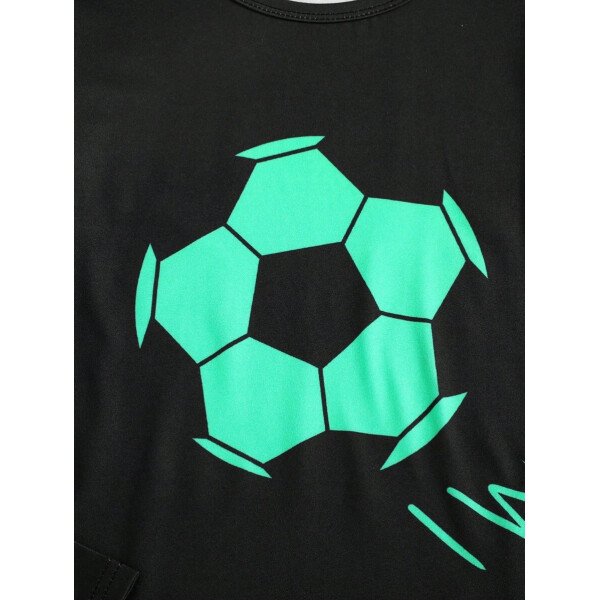 SHEIN 2 piezas Conjunto de pijama de cuello redondo con estampado de fútbol fluorescente de ajuste ceñido para niño preadolescente - Parte superior de manga larga y pantalones - Imagen 5