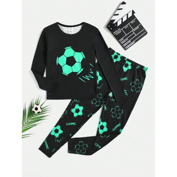 SHEIN 2 piezas Conjunto de pijama de cuello redondo con estampado de fútbol fluorescente de ajuste ceñido para niño preadolescente - Parte superior de manga larga y pantalones - Imagen 6