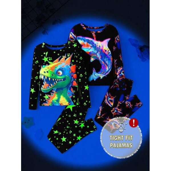 Set de 2 piezas de pijama con top de manga larga y pantalones largos con estampado de ballena, dinosaurio y estrellas que brillan en la oscuridad para niño pequeño (se venden 2 sets por separado)