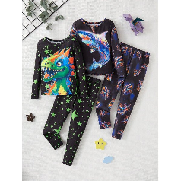 Set de 2 piezas de pijama con top de manga larga y pantalones largos con estampado de ballena, dinosaurio y estrellas que brillan en la oscuridad para niño pequeño (se venden 2 sets por separado) - Image 5