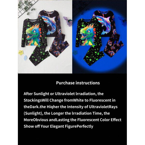Set de 2 piezas de pijama con top de manga larga y pantalones largos con estampado de ballena, dinosaurio y estrellas que brillan en la oscuridad para niño pequeño (se venden 2 sets por separado) - Image 6