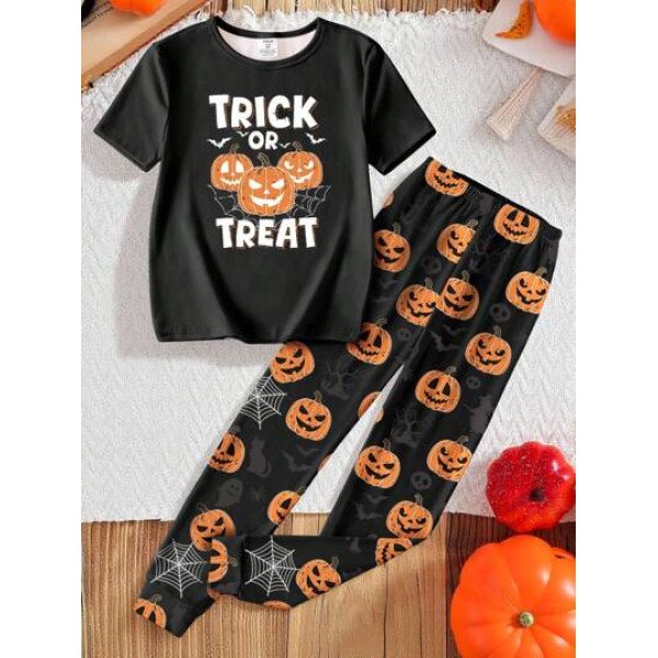 Pijama de niño pequeño con Top de cuello redondo con estampado de calabaza negra que brilla en el dark y pantalones ajustados con impresión de calabaza, Set de 2 piezas, regalo de Halloween, recomendación de pedido de talla única