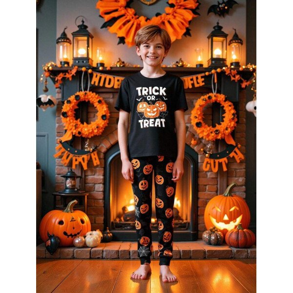 Pijama de niño pequeño con Top de cuello redondo con estampado de calabaza negra que brilla en el dark y pantalones ajustados con impresión de calabaza, Set de 2 piezas, regalo de Halloween, recomendación de pedido de talla única - Image 3
