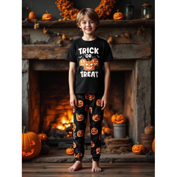 Pijama de niño pequeño con Top de cuello redondo con estampado de calabaza negra que brilla en el dark y pantalones ajustados con impresión de calabaza, Set de 2 piezas, regalo de Halloween, recomendación de pedido de talla única - Image 4
