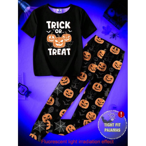 Pijama de niño pequeño con Top de cuello redondo con estampado de calabaza negra que brilla en el dark y pantalones ajustados con impresión de calabaza, Set de 2 piezas, regalo de Halloween, recomendación de pedido de talla única - Image 5