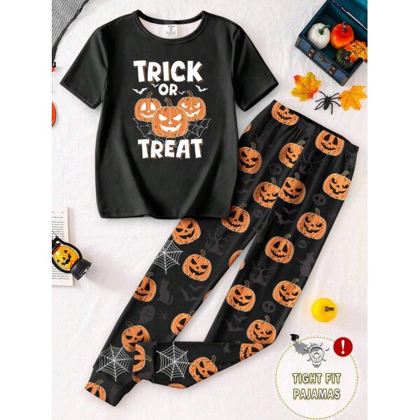 Pijama de niño pequeño con Top de cuello redondo con estampado de calabaza negra que brilla en el dark y pantalones ajustados con impresión de calabaza, Set de 2 piezas, regalo de Halloween, recomendación de pedido de talla única - Image 6