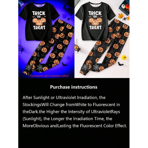 Pijama de niño pequeño con Top de cuello redondo con estampado de calabaza negra que brilla en el dark y pantalones ajustados con impresión de calabaza, Set de 2 piezas, regalo de Halloween, recomendación de pedido de talla única - Image 7
