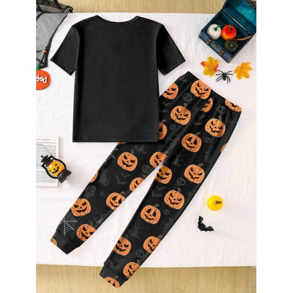 Pijama de niño pequeño con Top de cuello redondo con estampado de calabaza negra que brilla en el dark y pantalones ajustados con impresión de calabaza, Set de 2 piezas, regalo de Halloween, recomendación de pedido de talla única - Image 8
