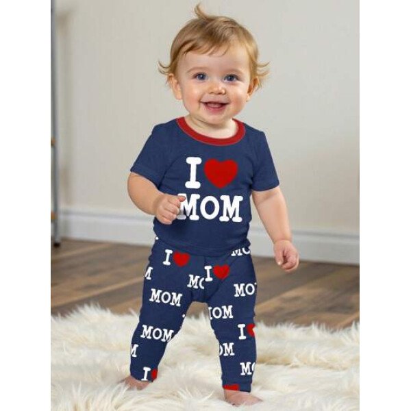 SHEIN Conjunto de ropa interior para el hogar de niño bebé con ajuste ceñido, camiseta de mangas cortas de cuello redondo y pantalones, estilo casual, para primavera/verano