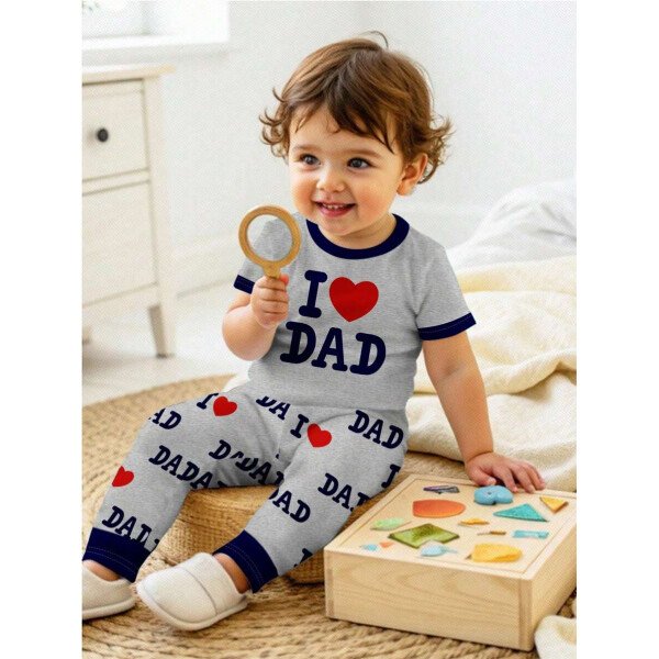 SHEIN Conjunto de ropa interior para el hogar de niño bebé con ajuste ceñido, camiseta de mangas cortas de cuello redondo y pantalones, estilo casual, para primavera/verano - Image 2