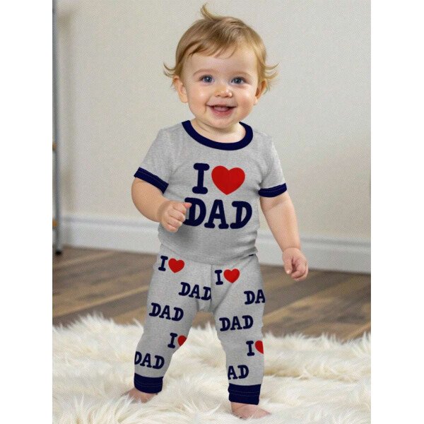 SHEIN Conjunto de ropa interior para el hogar de niño bebé con ajuste ceñido, camiseta de mangas cortas de cuello redondo y pantalones, estilo casual, para primavera/verano - Image 3