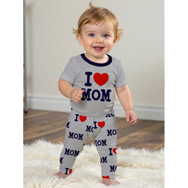 SHEIN Conjunto de ropa interior para el hogar de niño bebé con ajuste ceñido, camiseta de mangas cortas de cuello redondo y pantalones, estilo casual, para primavera/verano - Image 9