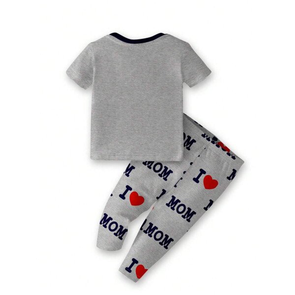 SHEIN Conjunto de ropa interior para el hogar de niño bebé con ajuste ceñido, camiseta de mangas cortas de cuello redondo y pantalones, estilo casual, para primavera/verano - Image 10