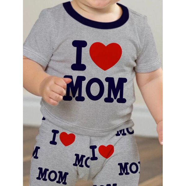 SHEIN Conjunto de ropa interior para el hogar de niño bebé con ajuste ceñido, camiseta de mangas cortas de cuello redondo y pantalones, estilo casual, para primavera/verano - Image 11