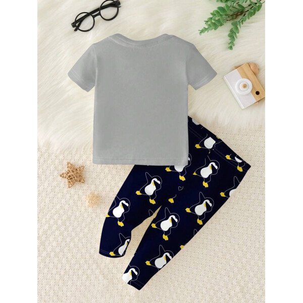 SHEIN Conjunto de ropa interior para el hogar de niño bebé con ajuste ceñido, camiseta de mangas cortas de cuello redondo y pantalones, estilo casual, para primavera/verano - Image 13
