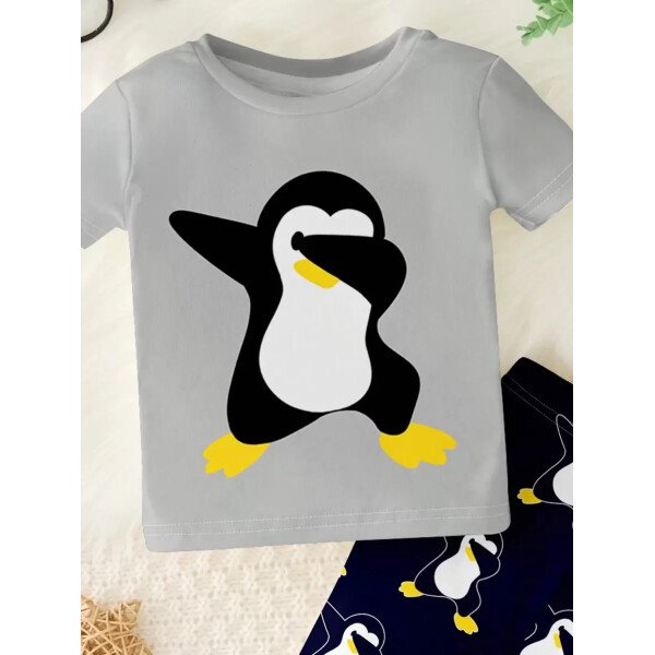 SHEIN Conjunto de ropa interior para el hogar de niño bebé con ajuste ceñido, camiseta de mangas cortas de cuello redondo y pantalones, estilo casual, para primavera/verano - Image 14