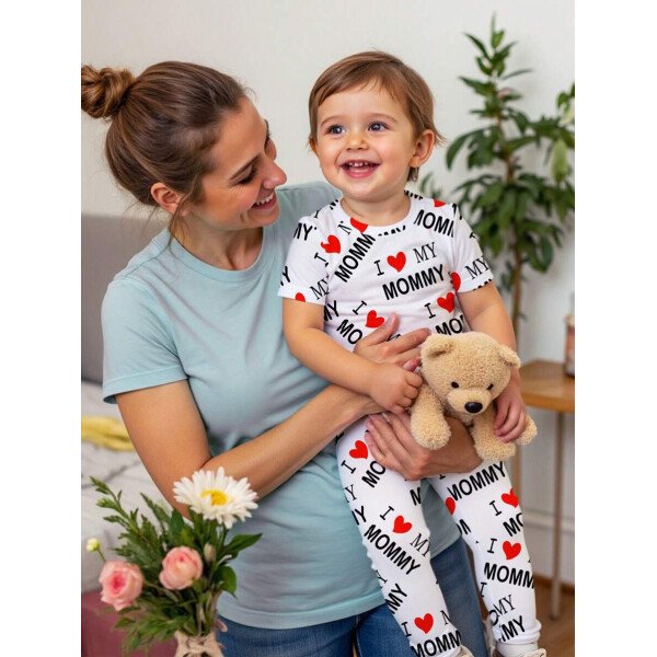 SHEIN Conjunto de ropa interior para el hogar de niño bebé con ajuste ceñido, camiseta de mangas cortas de cuello redondo y pantalones, estilo casual, para primavera/verano - Image 15