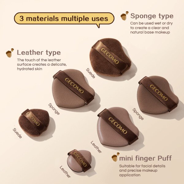 GECOMO 6 PCS Nut Powder Puff Set Sponge Dry and Wet Dual-Use Leather Surface Flocking Makeup Puff Soft Skin-friendly Air Cushion - Imagen 2