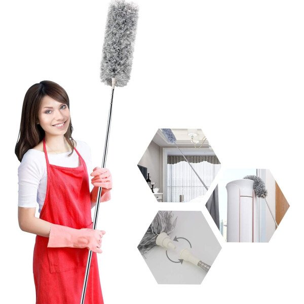 Kit de plumero de microfibra con poste de extensión (30-100 pulgadas), cabezales lavables flexibles, plumeros extensibles para limpiar ventilador de techo, techo alto, persianas, muebles y autos - Imagen 8