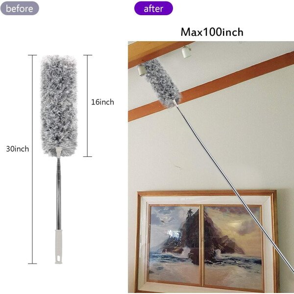 Kit de plumero de microfibra con poste de extensión (30-100 pulgadas), cabezales lavables flexibles, plumeros extensibles para limpiar ventilador de techo, techo alto, persianas, muebles y autos - Imagen 13