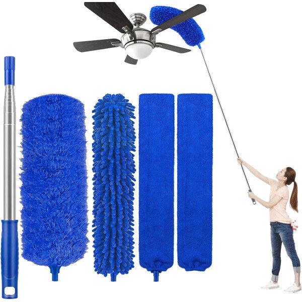 Kit de plumero de microfibra con poste de extensión (30-100 pulgadas), cabezales lavables flexibles, plumeros extensibles para limpiar ventilador de techo, techo alto, persianas, muebles y autos - Imagen 14