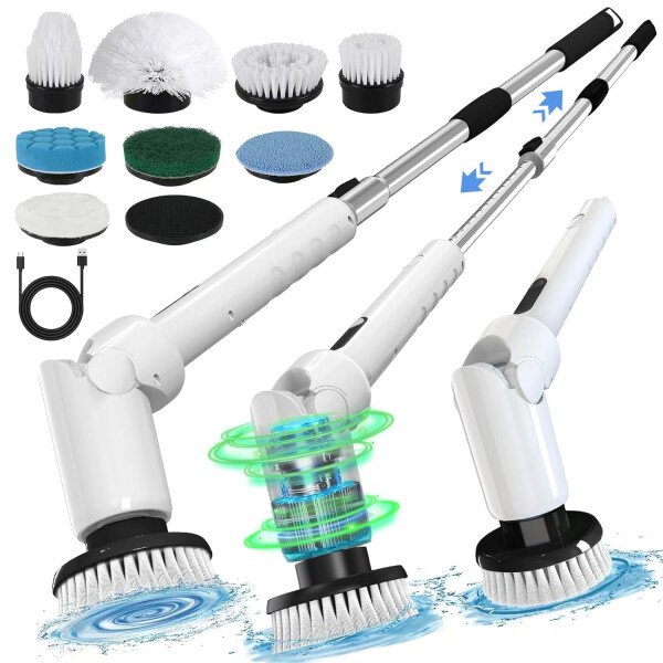 Limpiador eléctrico giratorio – Cepillo de limpieza inalámbrico con pantalla digital, 2 velocidades, 8 cabezales de cepillo, IPX7 impermeable, mango largo ajustable para baño, bañera, azulejos, ducha