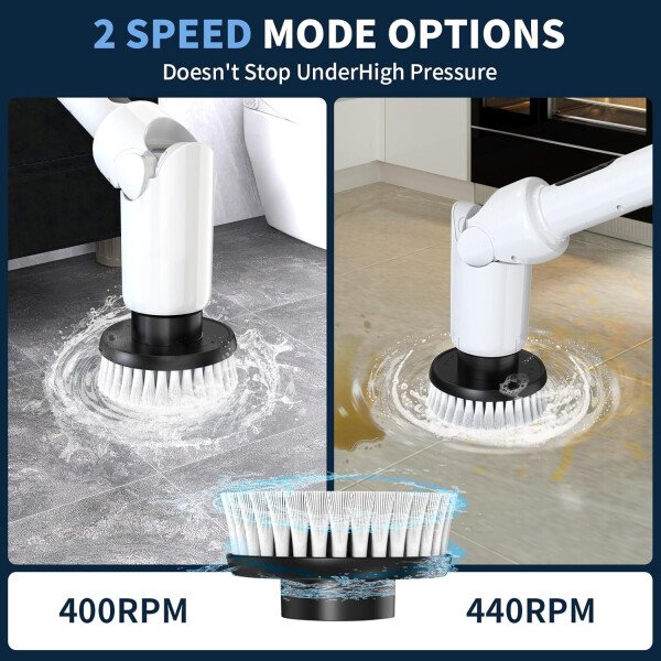 Limpiador eléctrico giratorio – Cepillo de limpieza inalámbrico con pantalla digital, 2 velocidades, 8 cabezales de cepillo, IPX7 impermeable, mango largo ajustable para baño, bañera, azulejos, ducha - Imagen 6