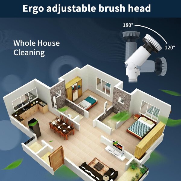 Limpiador eléctrico giratorio – Cepillo de limpieza inalámbrico con pantalla digital, 2 velocidades, 8 cabezales de cepillo, IPX7 impermeable, mango largo ajustable para baño, bañera, azulejos, ducha - Imagen 7