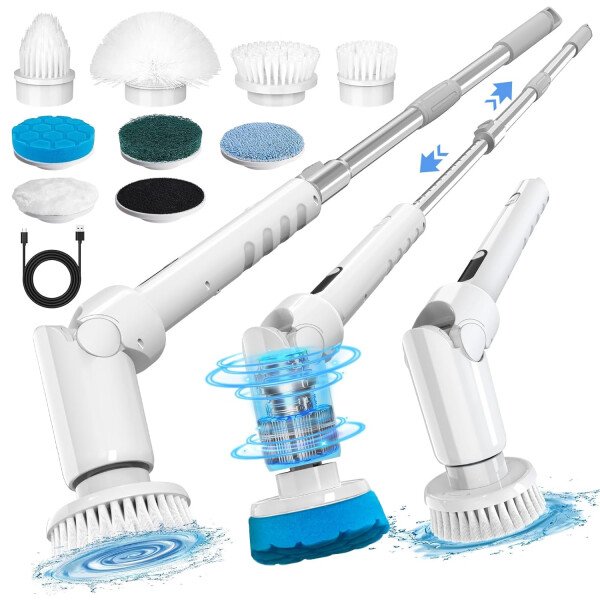 Limpiador eléctrico giratorio – Cepillo de limpieza inalámbrico con pantalla digital, 2 velocidades, 8 cabezales de cepillo, IPX7 impermeable, mango largo ajustable para baño, bañera, azulejos, ducha - Imagen 8