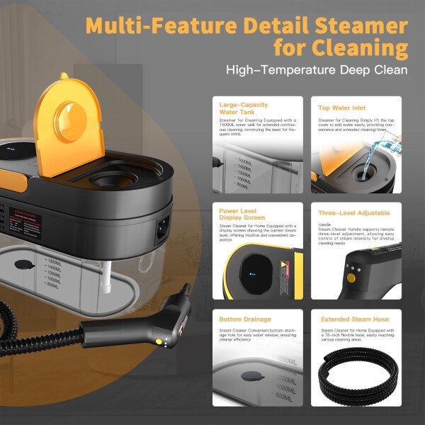 Limpiador a vapor, mango ajustable de 3 niveles, calentamiento de 15 segundos, tanque de 1.69 cuartos de galón, vaporizador portátil para limpieza con 11 accesorios, limpiador de vapor para el hogar - Imagen 3