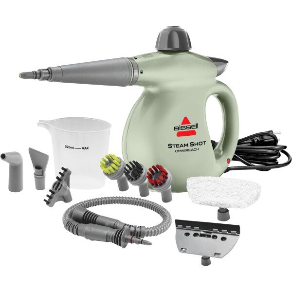 BISSELL® Limpiador a vapor portátil Steam Shot™ OmniReach para azulejos, lechada, ventanas, baños, cocinas, herramienta de vapor de tela, incluye 10 herramientas