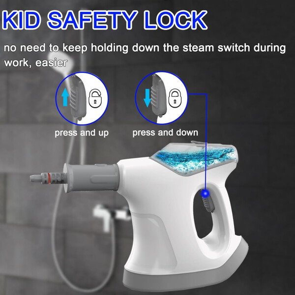 Limpiador de vapor de mano para el hogar, limpiador de vapor de mano de calor inmediato 10S, con tanque de agua grande visualizado y 9 accesorios y bloqueo de seguridad, para cocina, sofá, suelo - Imagen 11
