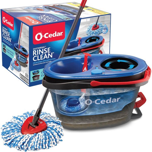O-Cedar RinseClean - Sistema de trapeador giratorio y cubeta | Limpia con agua limpia | Elimina el 99% de las bacterias