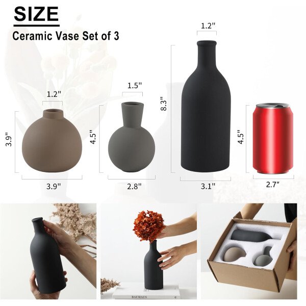 Juego de 3 jarrones de cerámica para decoración del hogar, decoración rústica de granja, jarrones de cerámica para ramo, hierba de pampa, flores frescas secas, sala de estar, cocina, dormitorio, baño, - Imagen 3
