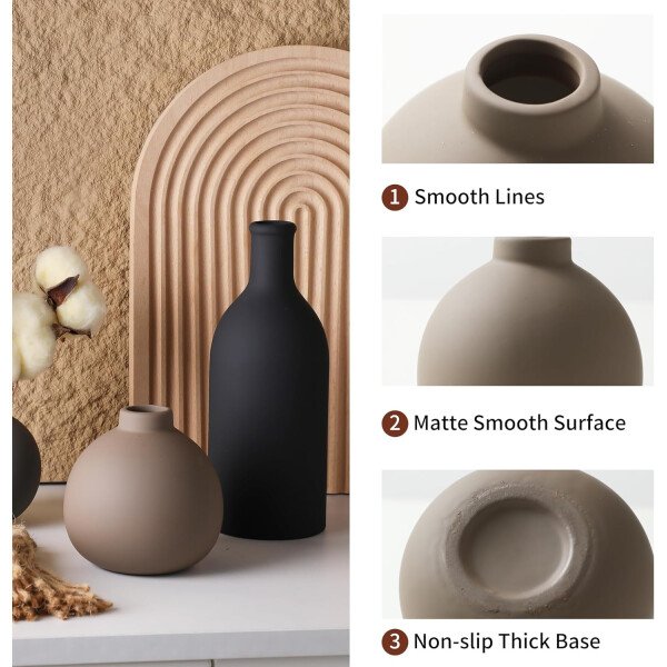 Juego de 3 jarrones de cerámica para decoración del hogar, decoración rústica de granja, jarrones de cerámica para ramo, hierba de pampa, flores frescas secas, sala de estar, cocina, dormitorio, baño, - Imagen 5