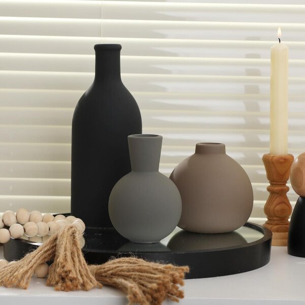 Juego de 3 jarrones de cerámica para decoración del hogar, decoración rústica de granja, jarrones de cerámica para ramo, hierba de pampa, flores frescas secas, sala de estar, cocina, dormitorio, baño, - Imagen 8
