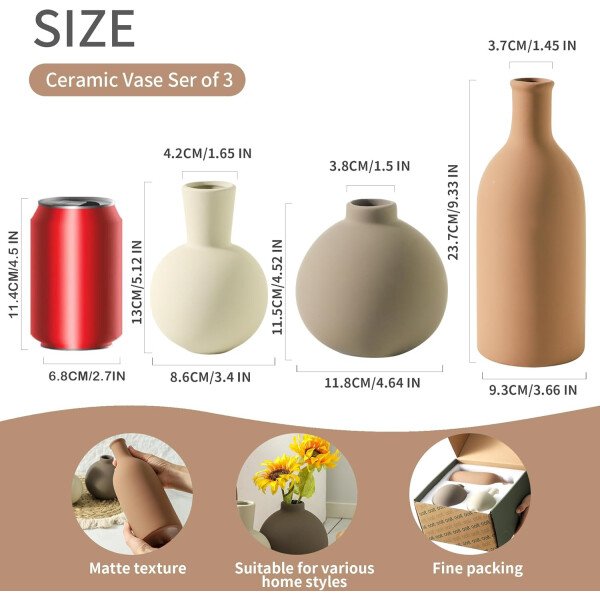 Juego de 3 jarrones de cerámica para decoración del hogar, decoración rústica de granja, jarrones de cerámica para ramo, hierba de pampa, flores frescas secas, sala de estar, cocina, dormitorio, baño, - Imagen 18
