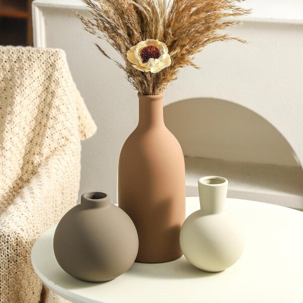Juego de 3 jarrones de cerámica para decoración del hogar, decoración rústica de granja, jarrones de cerámica para ramo, hierba de pampa, flores frescas secas, sala de estar, cocina, dormitorio, baño, - Imagen 20