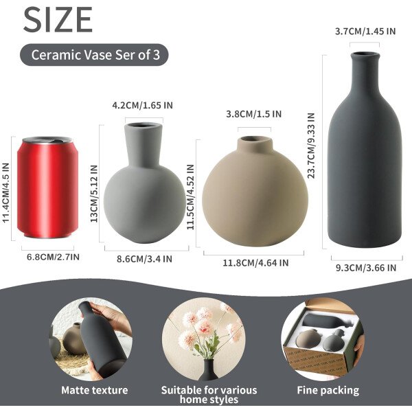 Juego de 3 jarrones de cerámica para decoración del hogar, decoración rústica de granja, jarrones de cerámica para ramo, hierba de pampa, flores frescas secas, sala de estar, cocina, dormitorio, baño, - Imagen 43