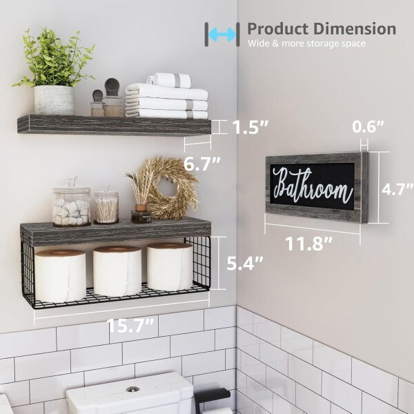 QEEIG ‎Estantes de baño sobre el inodoro, almacenamiento de papel montado en la pared, decoración de casa de campo, letrero de decoración estética, estante flotante pequeño 2+1 juego de 16 pulgadas, - Imagen 10