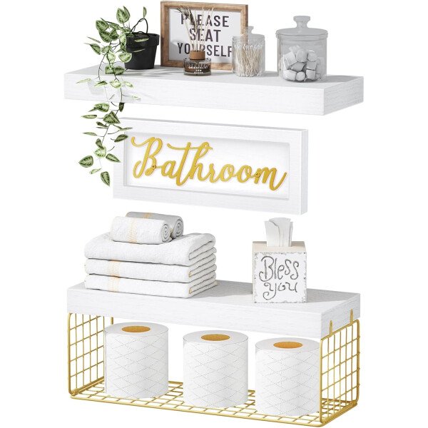 QEEIG ‎Estantes de baño sobre el inodoro, almacenamiento de papel montado en la pared, decoración de casa de campo, letrero de decoración estética, estante flotante pequeño 2+1 juego de 16 pulgadas, - Imagen 30