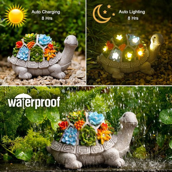 Nacome - Estatua de jardín solar con suculentas y 7 luces led, decoración de césped al aire libre, estatua de tortuga para patio, balcón, patio, adorno de césped, inauguración de la casa única (tortuga). - Imagen 6