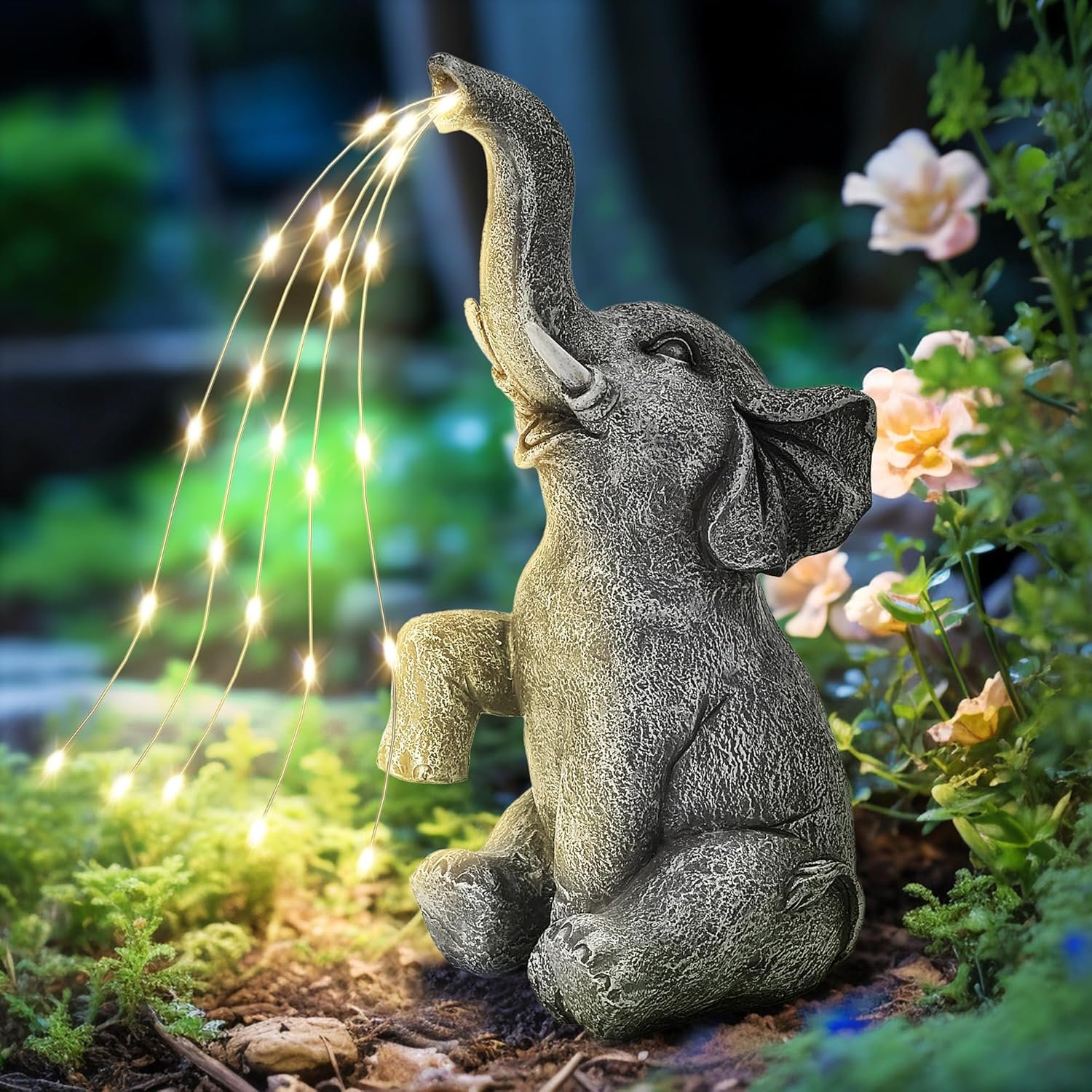 GIGALUMI Decoración solar para jardín, estatuas de elefante de riego al aire libre, regalos de cumpleaños para mujeres, mamá, abuela, anciano, adorno de elefante para balcón, jardín, patio, césped