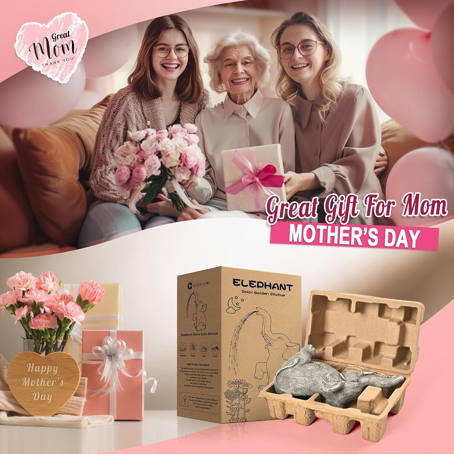 GIGALUMI Decoración solar para jardín, estatuas de elefante de riego al aire libre, regalos de cumpleaños para mujeres, mamá, abuela, anciano, adorno de elefante para balcón, jardín, patio, césped - Imagen 3